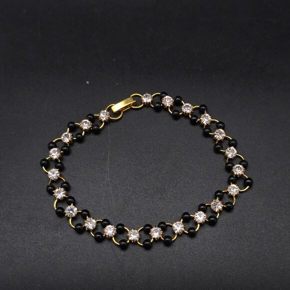 Rhinestone Black Beaded Bracelet Gold Tone Links Petite Dainty - Picture 3 of 8